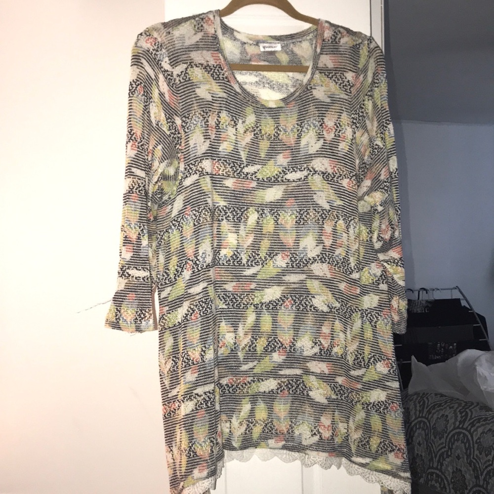 Lightweight sweater; multicolored leaf designs